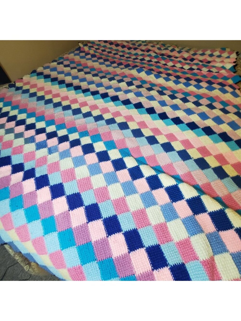 Entrelac Crochet Afghan Blanket Throw 83"x54" Diagonal Diamond Handmade Vintage